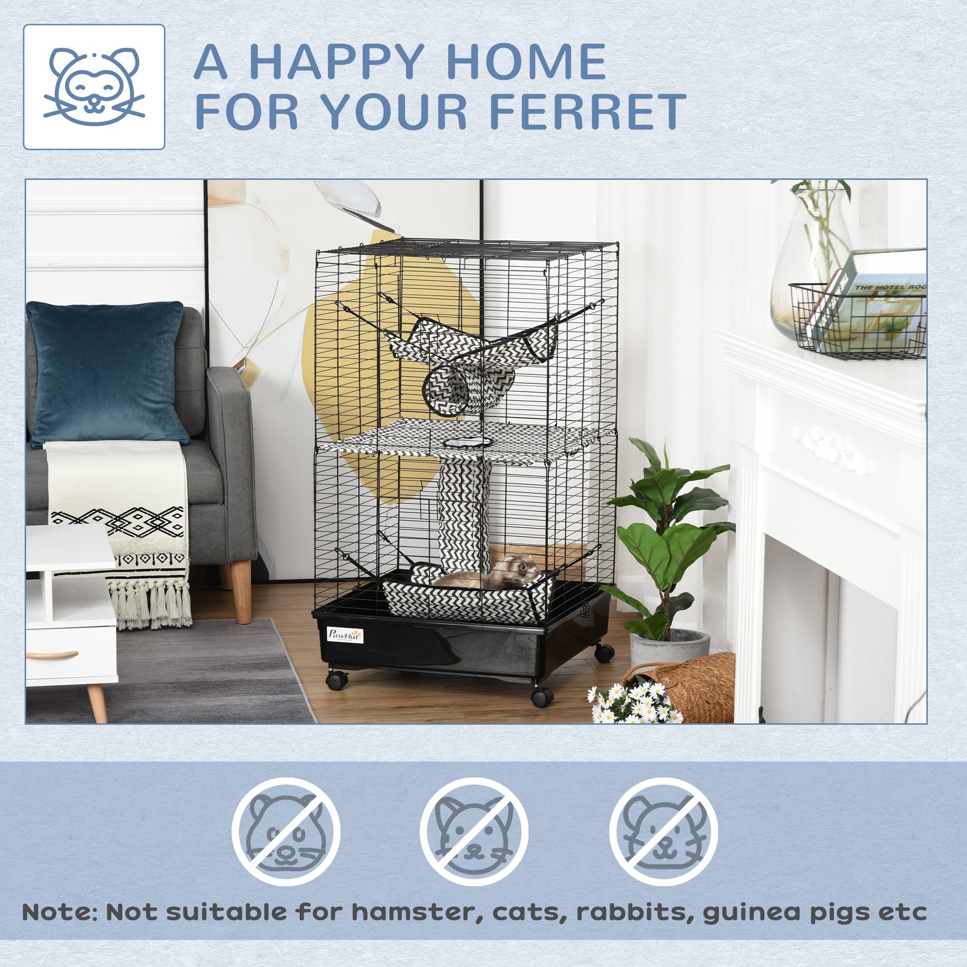 HKM-2123069 42" Multi-Tier Metal Ferret Cage with Wheels, Hammocks, Tunnels, and Three Doors, Black