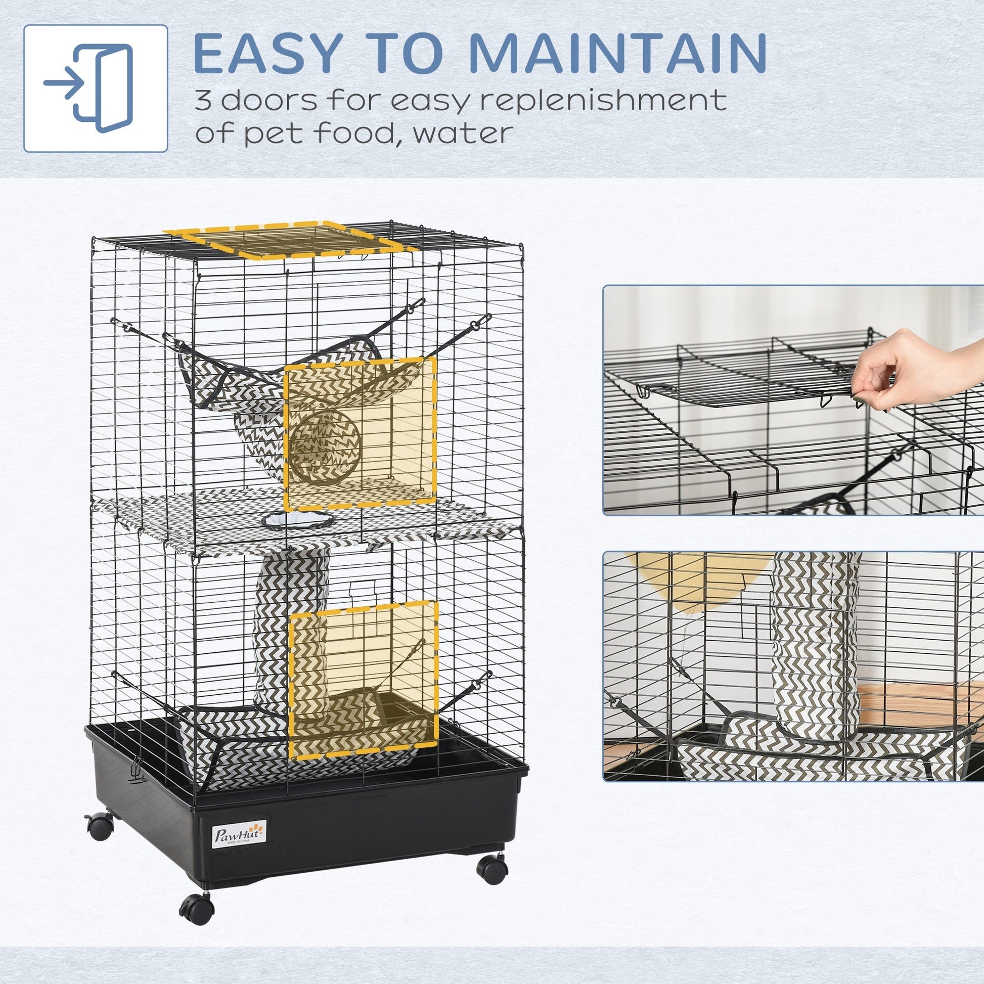 HKM-2123069 42" Multi-Tier Metal Ferret Cage with Wheels, Hammocks, Tunnels, and Three Doors, Black