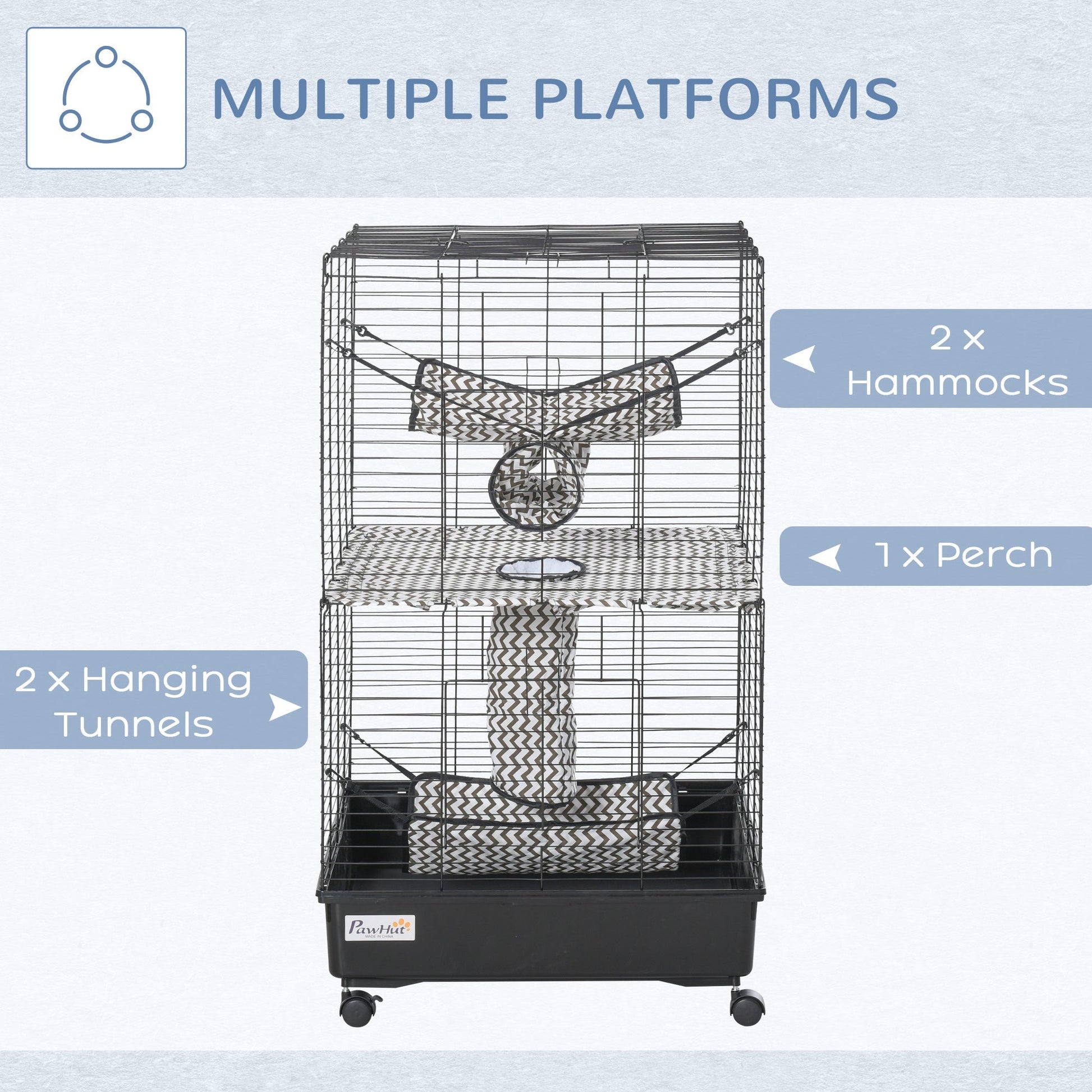 HKM-2123069 42" Multi-Tier Metal Ferret Cage with Wheels, Hammocks, Tunnels, and Three Doors, Black