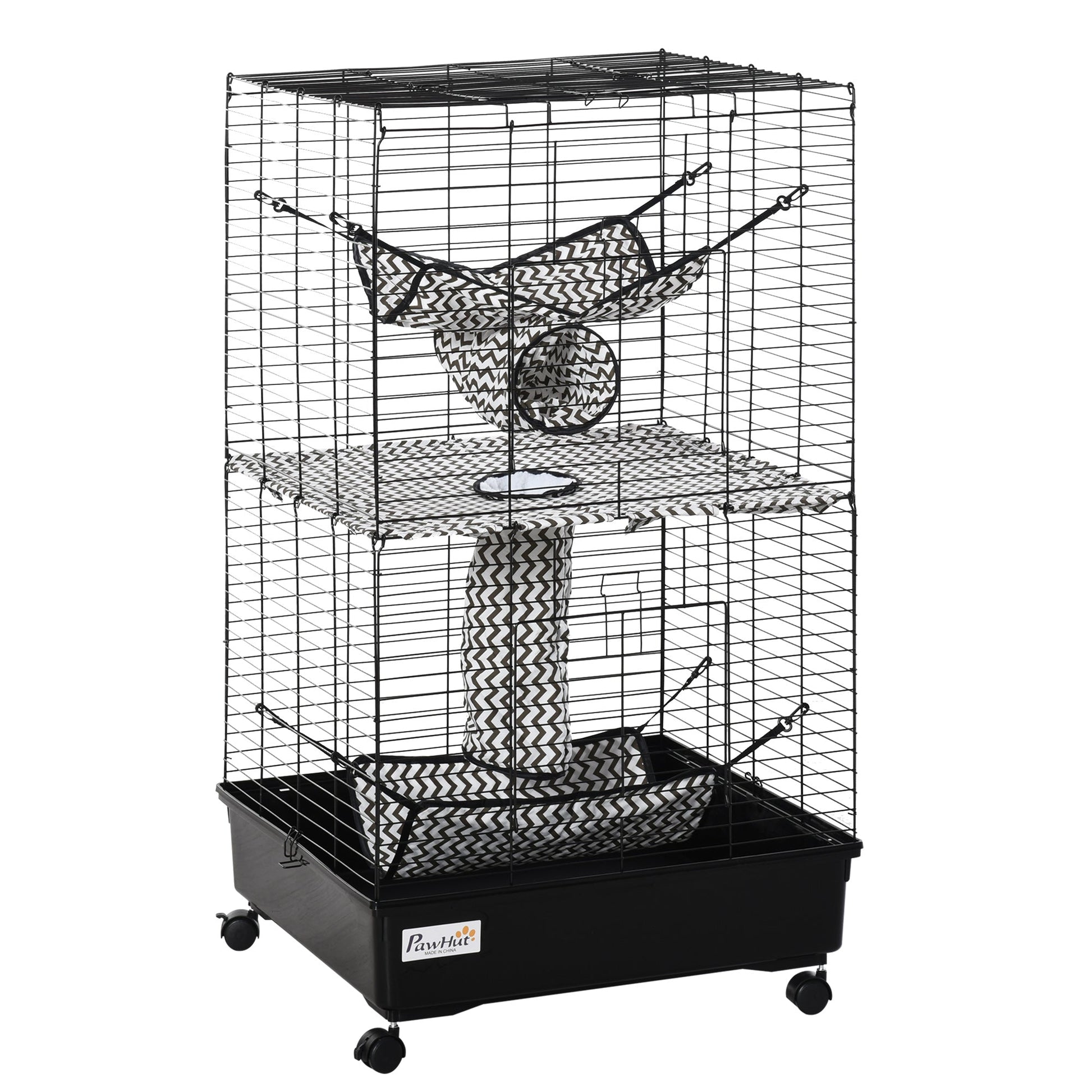 HKM-2123069 42" Multi-Tier Metal Ferret Cage with Wheels, Hammocks, Tunnels, and Three Doors, Black