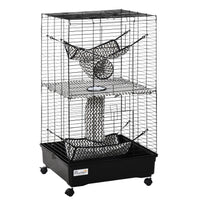 HKM-2123069 42" Multi-Tier Metal Ferret Cage with Wheels, Hammocks, Tunnels, and Three Doors, Black