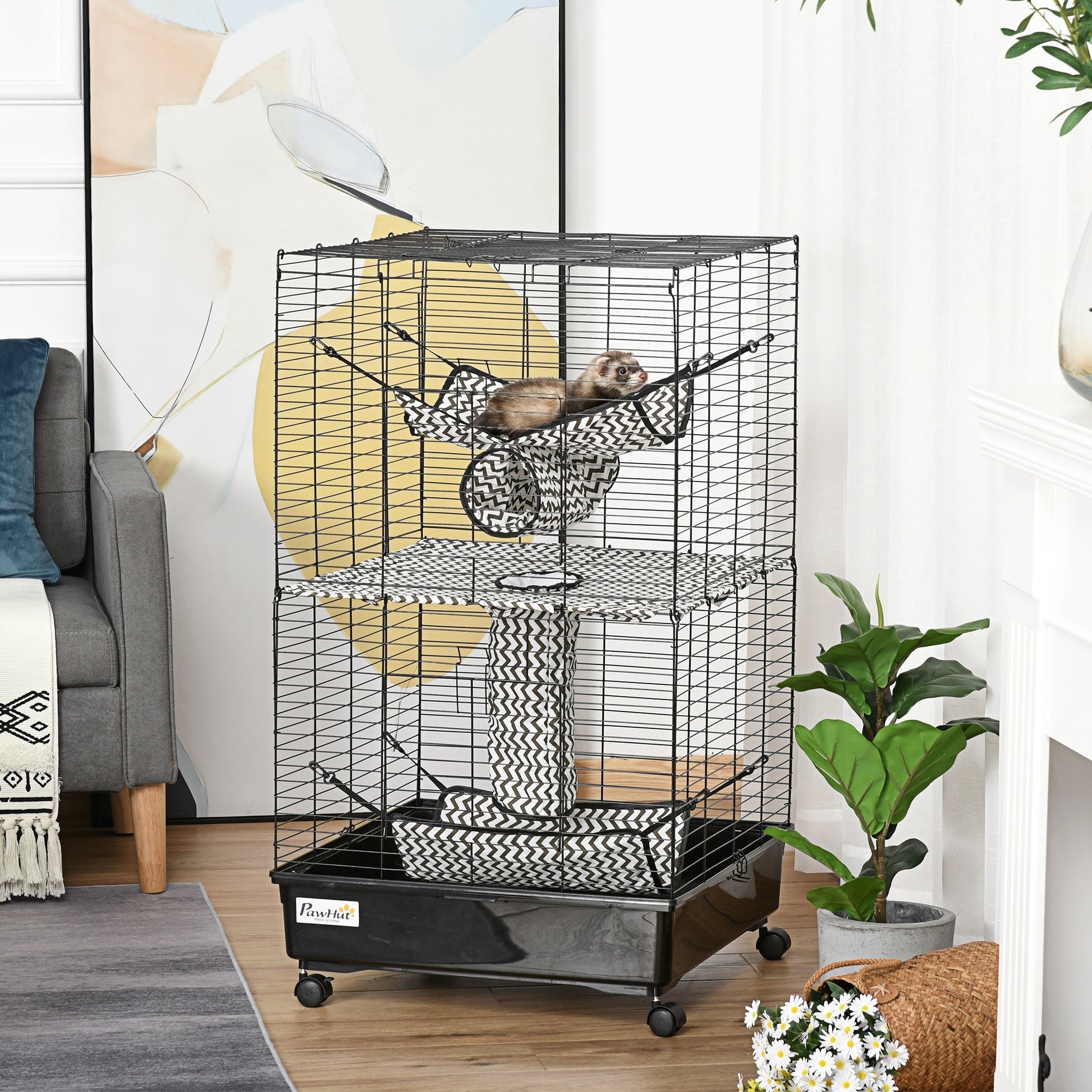 HKM-2123069 42" Multi-Tier Metal Ferret Cage with Wheels, Hammocks, Tunnels, and Three Doors, Black