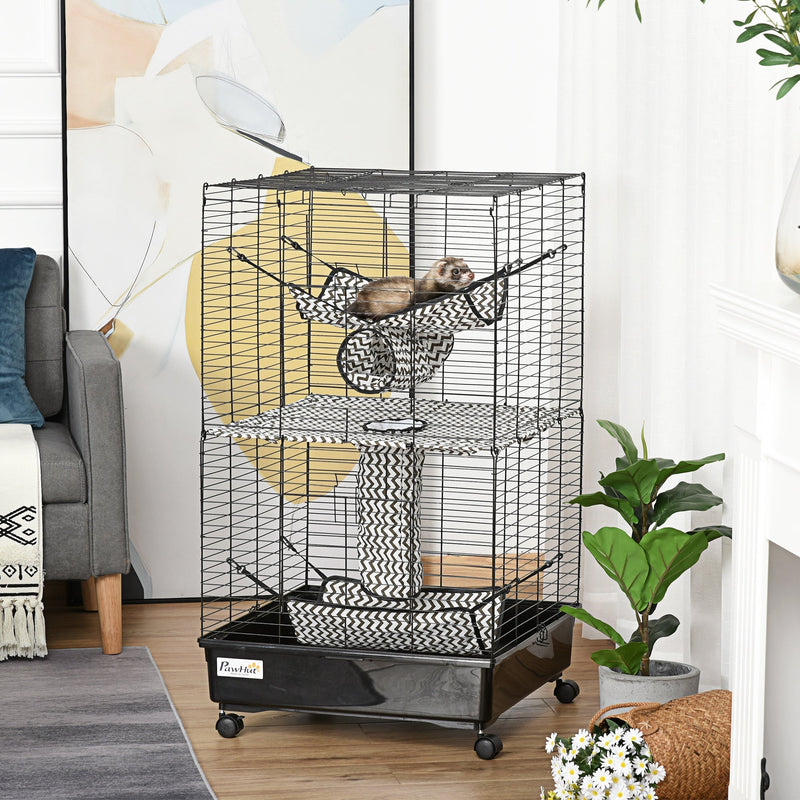 HKM-2123069 42" Multi-Tier Metal Ferret Cage with Wheels, Hammocks, Tunnels, and Three Doors, Black