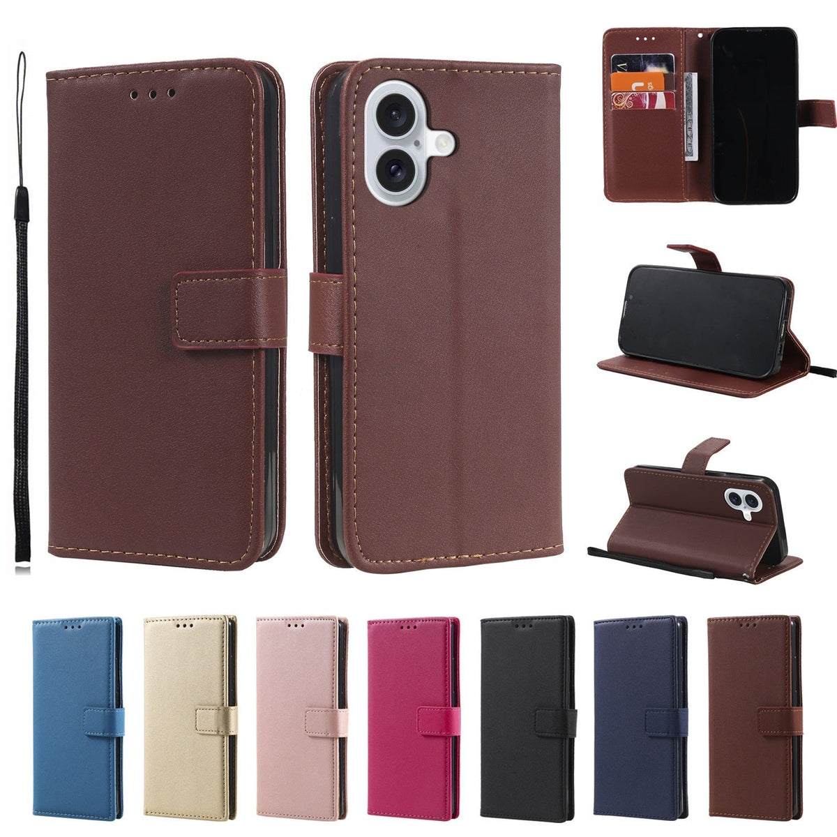 HKM-212307 Solid Color Leather Flip Card Holder Case for iPhone - Shockproof, Heat Dissipating, Anti-Wear Design in Various Colors