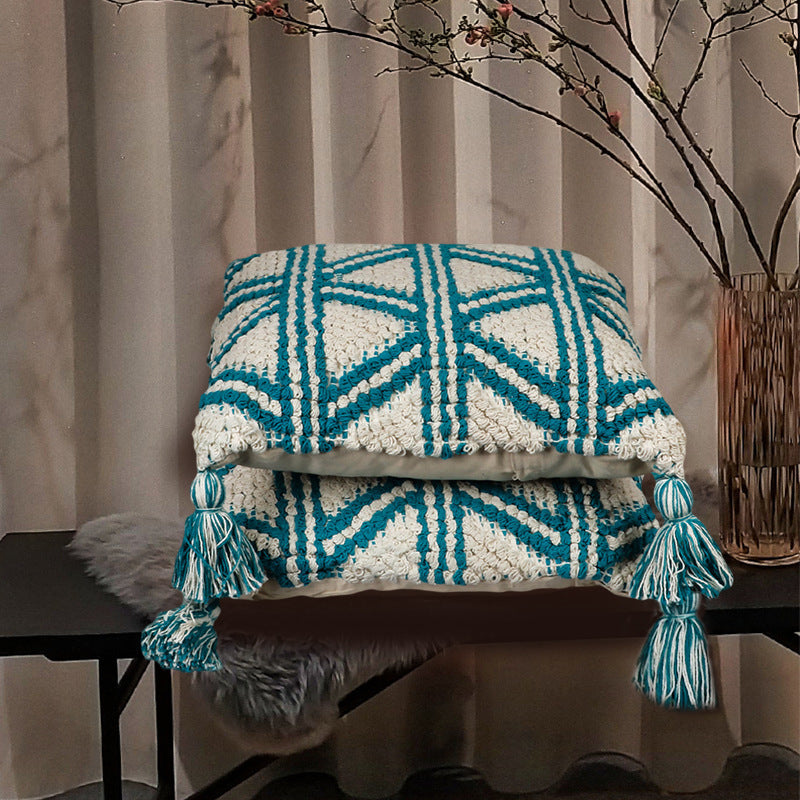 HKM-212371 Bohemian Cotton Tassel Cushion Pillowcase - Blue Weaving Design for Living Room and Bedroom
