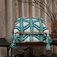 HKM-212371 Bohemian Cotton Tassel Cushion Pillowcase - Blue Weaving Design for Living Room and Bedroom