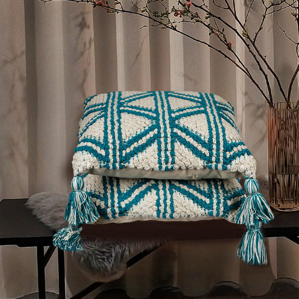 HKM-212371 Bohemian Cotton Tassel Cushion Pillowcase - Blue Weaving Design for Living Room and Bedroom