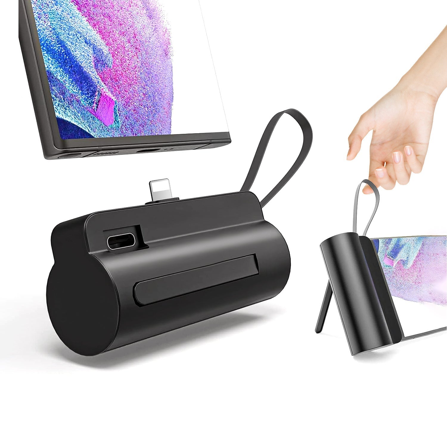 HKM-212435 5000mAh Portable Power Bank with Built-in Type-C and IOS Cable, Dual Output, Compact Design for Smartphones