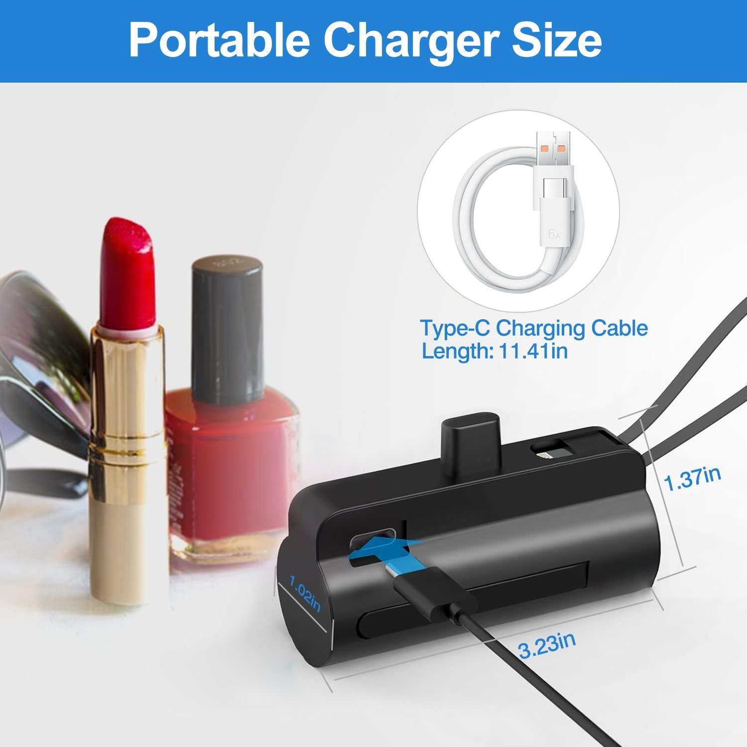 HKM-212435 5000mAh Portable Power Bank with Built-in Type-C and IOS Cable, Dual Output, Compact Design for Smartphones
