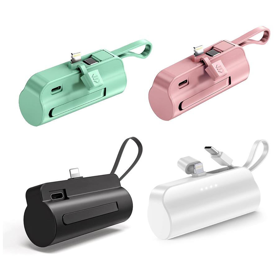 HKM-212435 5000mAh Portable Power Bank with Built-in Type-C and IOS Cable, Dual Output, Compact Design for Smartphones