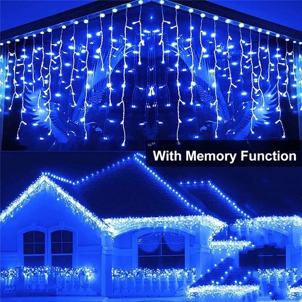 HKM-212499 Blue Icicle String Lights with 96 LEDs, 8 Flashing Modes, Waterproof, Remote Control, Ideal for Holiday Decorations