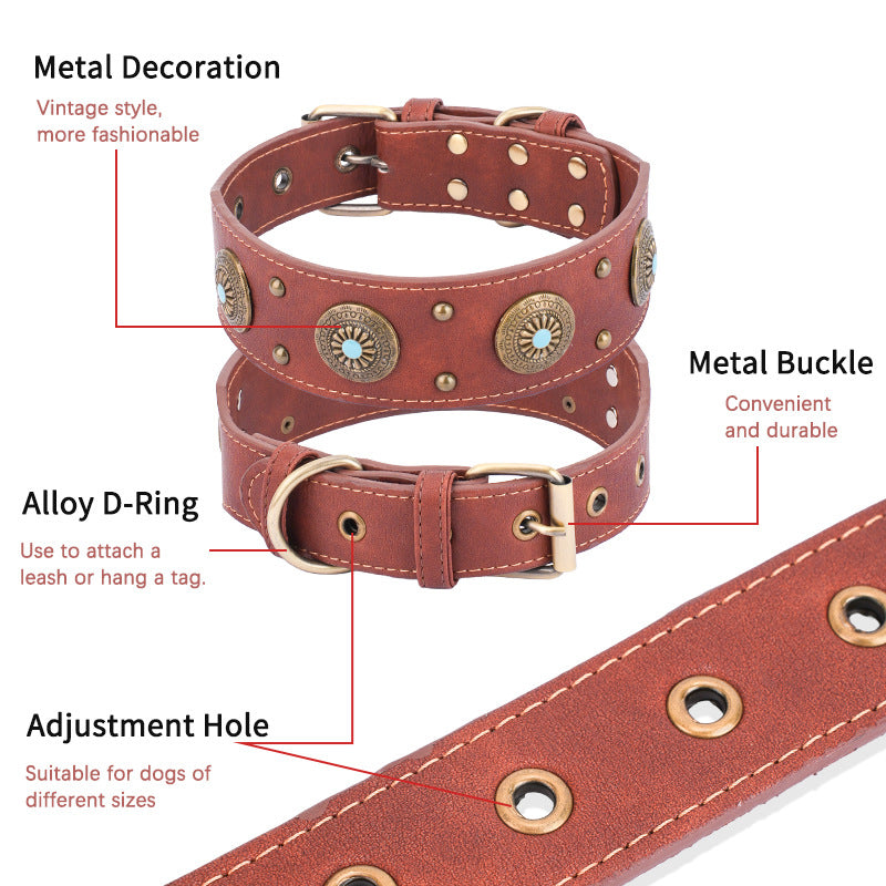 HKM-2127165 Retro Leather Dog Collar for Medium and Large Dogs in Brown and Black