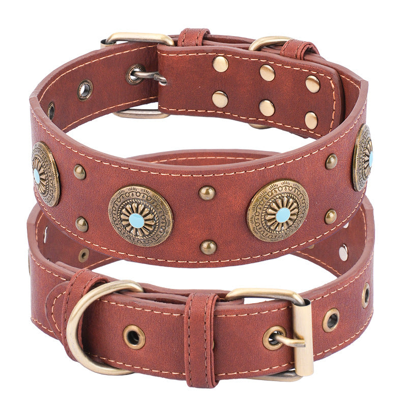 HKM-2127165 Retro Leather Dog Collar for Medium and Large Dogs in Brown and Black