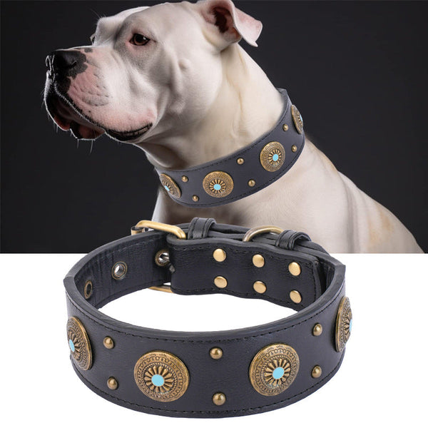 HKM-2127165 Retro Leather Dog Collar for Medium and Large Dogs in Brown and Black