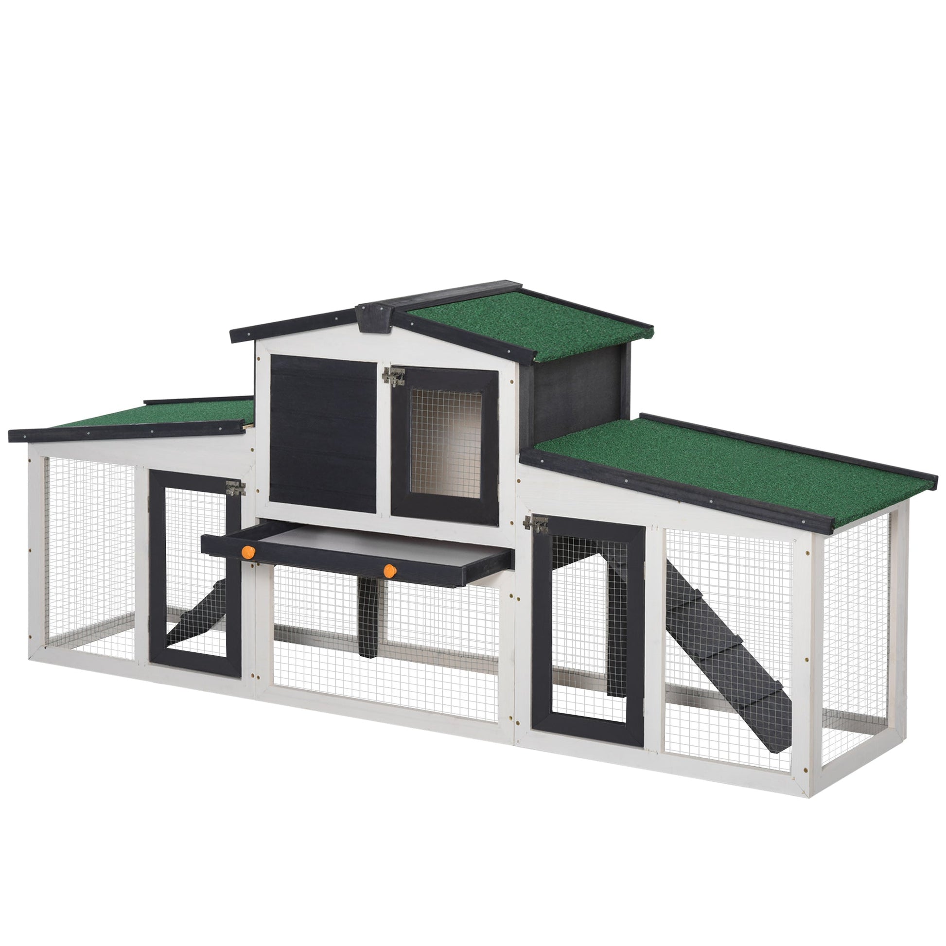 HKM-2128829 Large Gray Wooden Rabbit Hutch with Double Runs, Removable Cleaning Tray, and Asphalt Roof for Outdoor Use