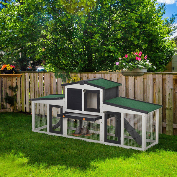 HKM-2128829 Large Gray Wooden Rabbit Hutch with Double Runs, Removable Cleaning Tray, and Asphalt Roof for Outdoor Use