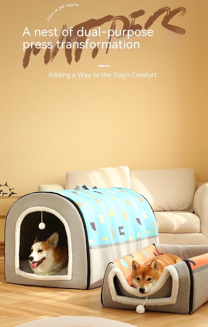 HKM-2129213 Warm Semi-Enclosed Removable & Washable Dog Kennel in Two-Color Geometric Pattern