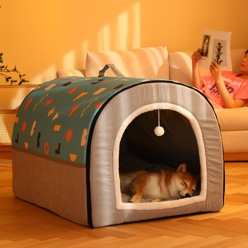 HKM-2129213 Warm Semi-Enclosed Removable & Washable Dog Kennel in Two-Color Geometric Pattern