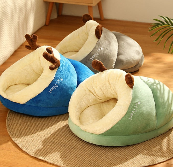 HKM-213011 Warm Velvet Padded Dog Nest in Avocado Green, Blue Elk, Gray Brown Bear, Red Rabbit - Multiple Sizes Available
