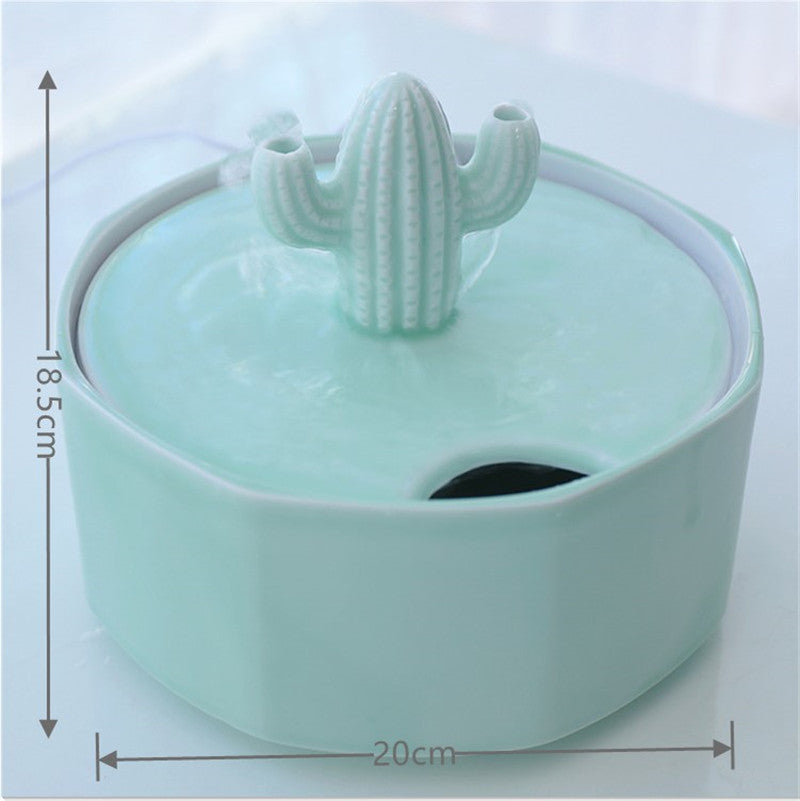 HKM-2131133 Cactus Cat Drinking Fountain - Ceramic Automatic Water Dispenser with USB Pump, 2000ml Capacity
