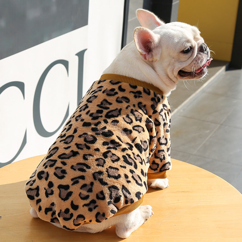 HKM-2131773 Warm Coral Fleece Pajamas for Dogs in Brown and Pink Leopard Prints