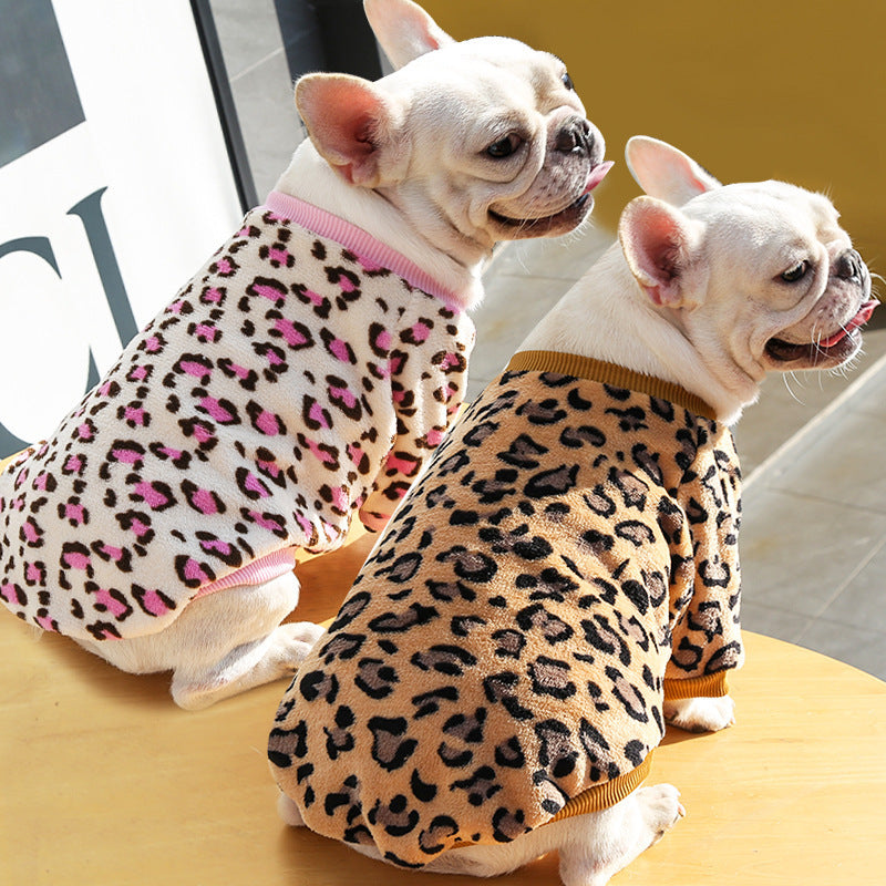 HKM-2131773 Warm Coral Fleece Pajamas for Dogs in Brown and Pink Leopard Prints