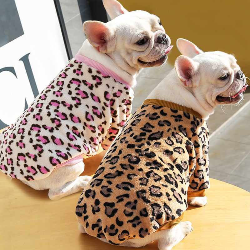 HKM-2131773 Warm Coral Fleece Pajamas for Dogs in Brown and Pink Leopard Prints