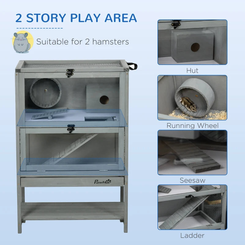 HKM-2136381 5-Tier Hamster Cage with Openable Top, Three Ladders, Storage Shelf, and Glass Front for Small Pets