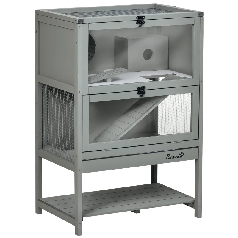 HKM-2136381 5-Tier Hamster Cage with Openable Top, Three Ladders, Storage Shelf, and Glass Front for Small Pets