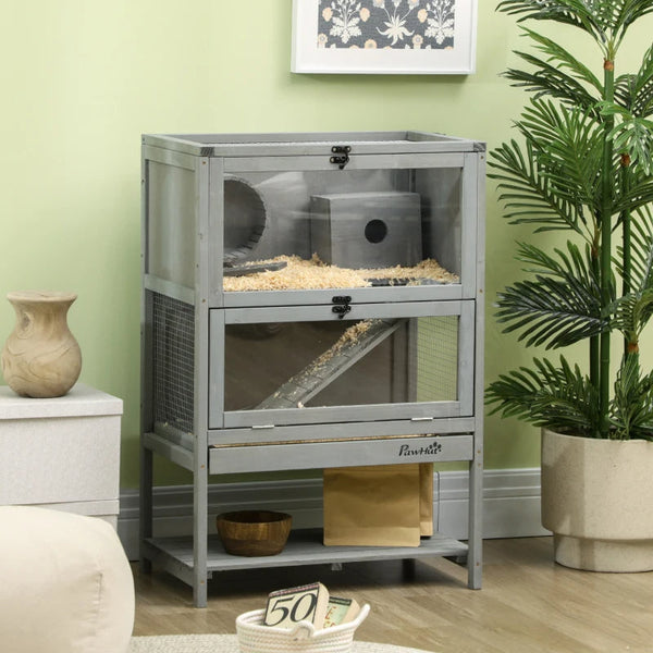 HKM-2136381 5-Tier Hamster Cage with Openable Top, Three Ladders, Storage Shelf, and Glass Front for Small Pets