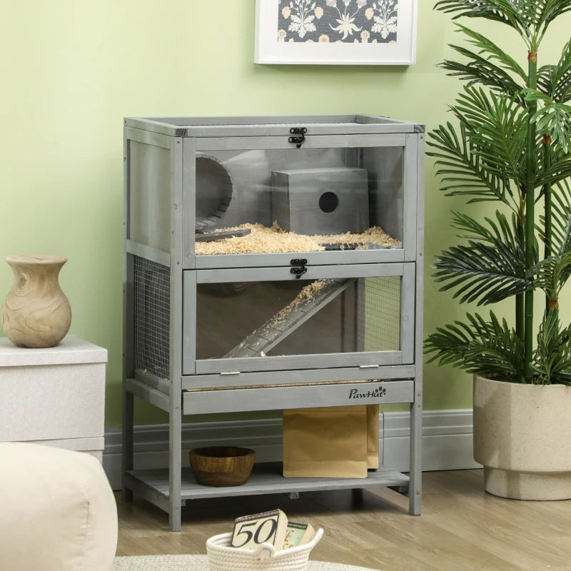 HKM-2136381 5-Tier Hamster Cage with Openable Top, Three Ladders, Storage Shelf, and Glass Front for Small Pets
