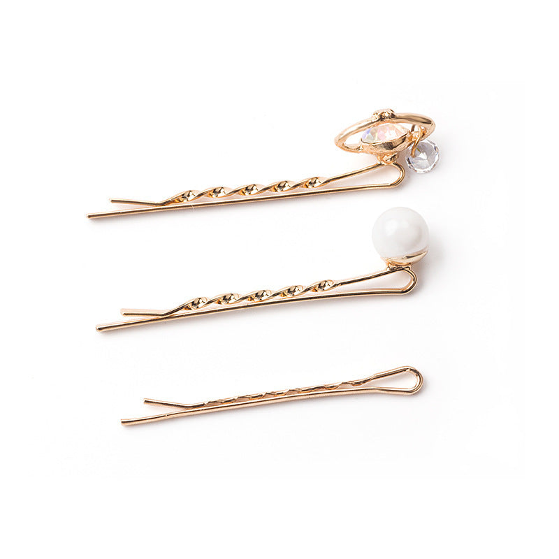 HKM-214099 Three-Piece Set of Geometric Pearl Wave Hairpins in Metal