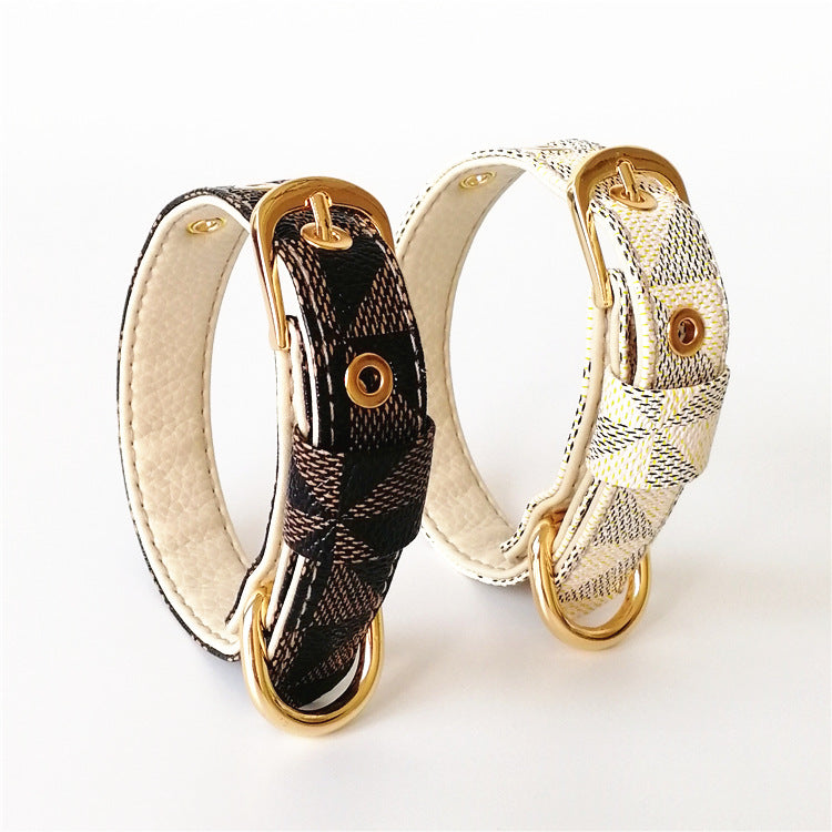 HKM-2148413 Plaid Leather Dog Collar with Leash and Gift Box - Various Sizes Available