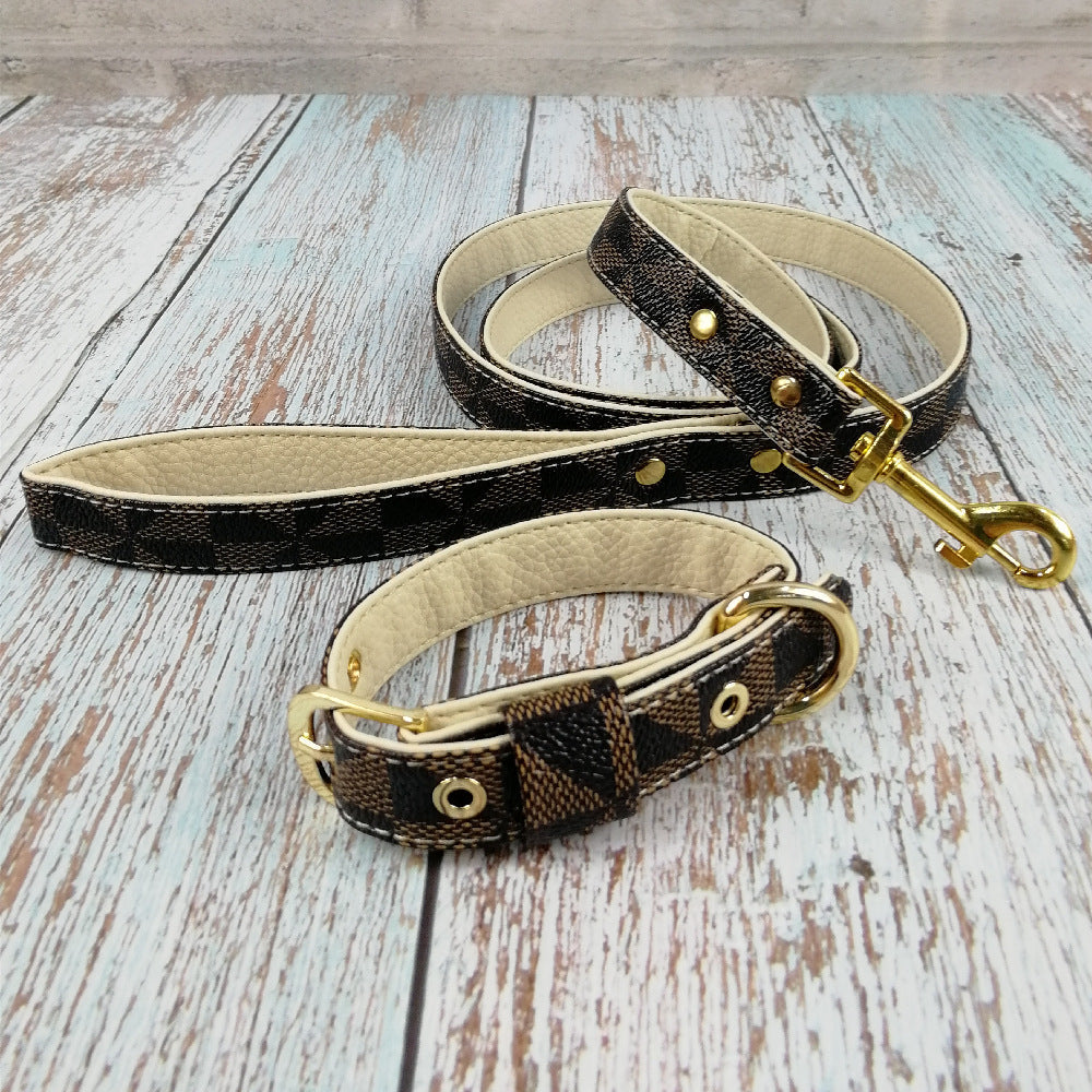 HKM-2148413 Plaid Leather Dog Collar with Leash and Gift Box - Various Sizes Available