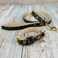 HKM-2148413 Plaid Leather Dog Collar with Leash and Gift Box - Various Sizes Available