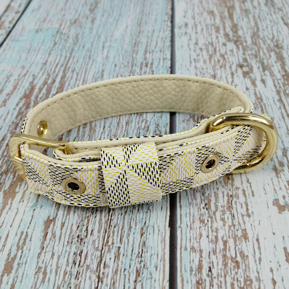 HKM-2148413 Plaid Leather Dog Collar with Leash and Gift Box - Various Sizes Available