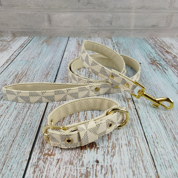 HKM-2148413 Plaid Leather Dog Collar with Leash and Gift Box - Various Sizes Available