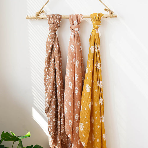 HKM-214931 3-Piece Baby Swaddling Blanket Set - 2-Layer Bamboo Fiber in Various Patterns for Summer Use