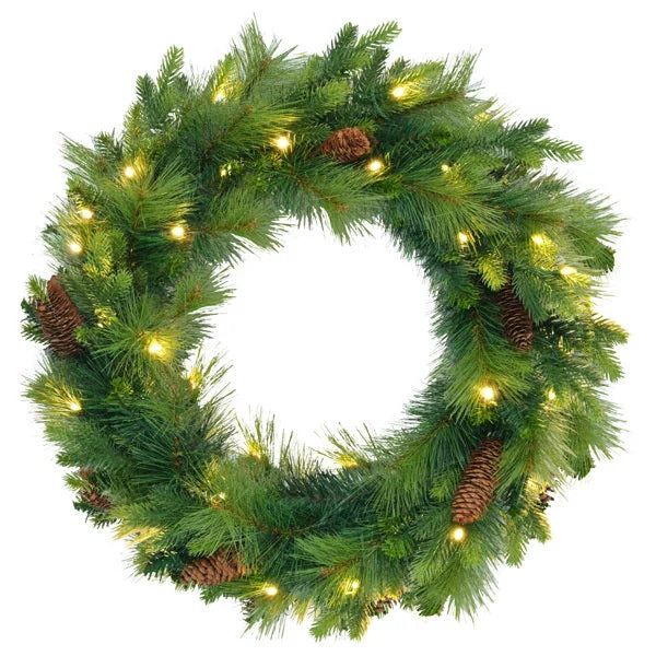 HKM-215123 6FT Pre-Lit Artificial Pine Christmas Tree with Large Branches and Grass Green Wreath & Garland Set, Model D0100HA6VFGD0102HQW8MY