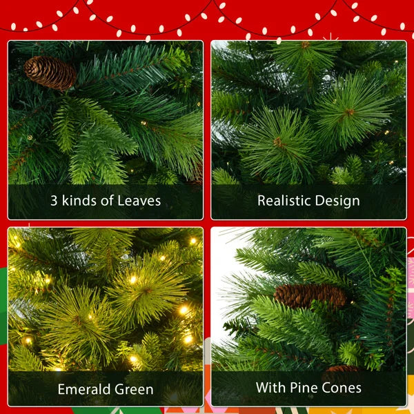 HKM-215123 6FT Pre-Lit Artificial Pine Christmas Tree with Large Branches and Grass Green Wreath & Garland Set, Model D0100HA6VFGD0102HQW8MY