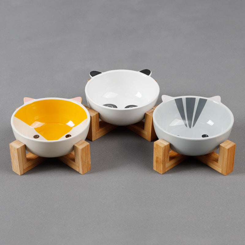 HKM-2152381 Ceramic Cat Food Bowl with Bamboo Stand - Pink Fox, Panda, and Gray Cat Designs