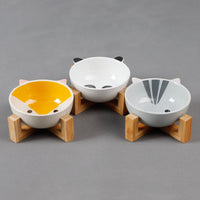 HKM-2152381 Ceramic Cat Food Bowl with Bamboo Stand - Pink Fox, Panda, and Gray Cat Designs