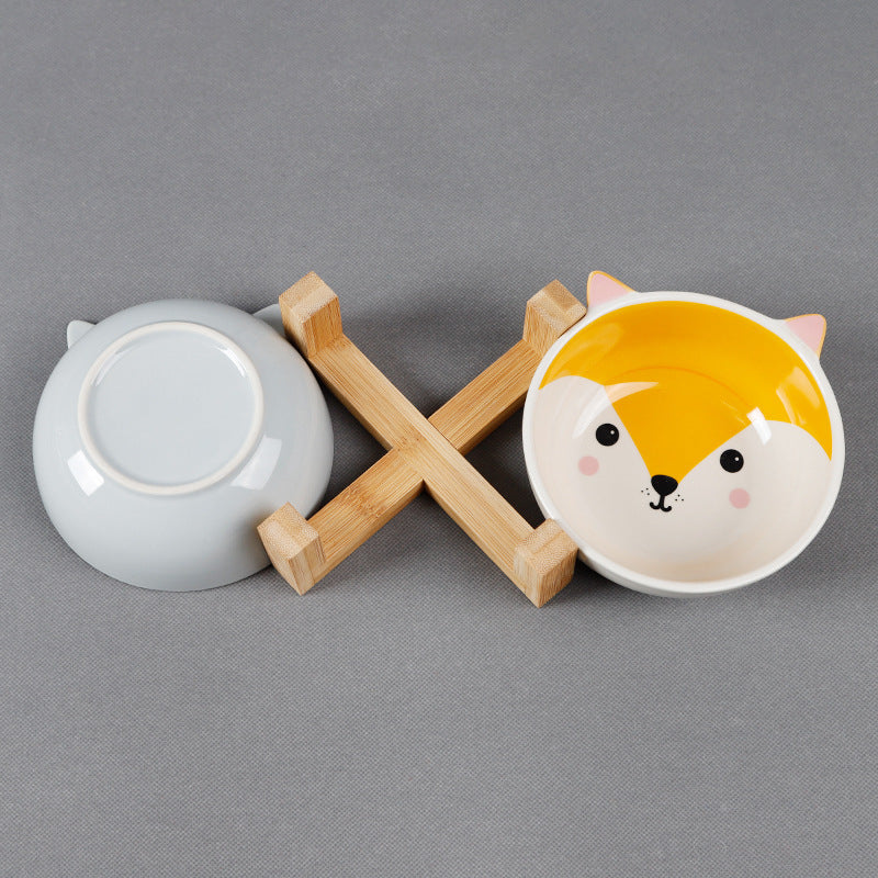 HKM-2152381 Ceramic Cat Food Bowl with Bamboo Stand - Pink Fox, Panda, and Gray Cat Designs