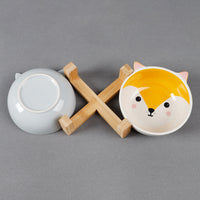 HKM-2152381 Ceramic Cat Food Bowl with Bamboo Stand - Pink Fox, Panda, and Gray Cat Designs