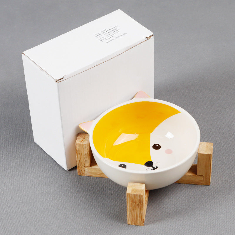 HKM-2152381 Ceramic Cat Food Bowl with Bamboo Stand - Pink Fox, Panda, and Gray Cat Designs