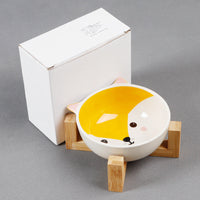 HKM-2152381 Ceramic Cat Food Bowl with Bamboo Stand - Pink Fox, Panda, and Gray Cat Designs