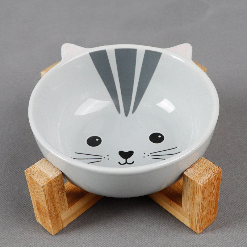 HKM-2152381 Ceramic Cat Food Bowl with Bamboo Stand - Pink Fox, Panda, and Gray Cat Designs