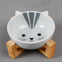 HKM-2152381 Ceramic Cat Food Bowl with Bamboo Stand - Pink Fox, Panda, and Gray Cat Designs