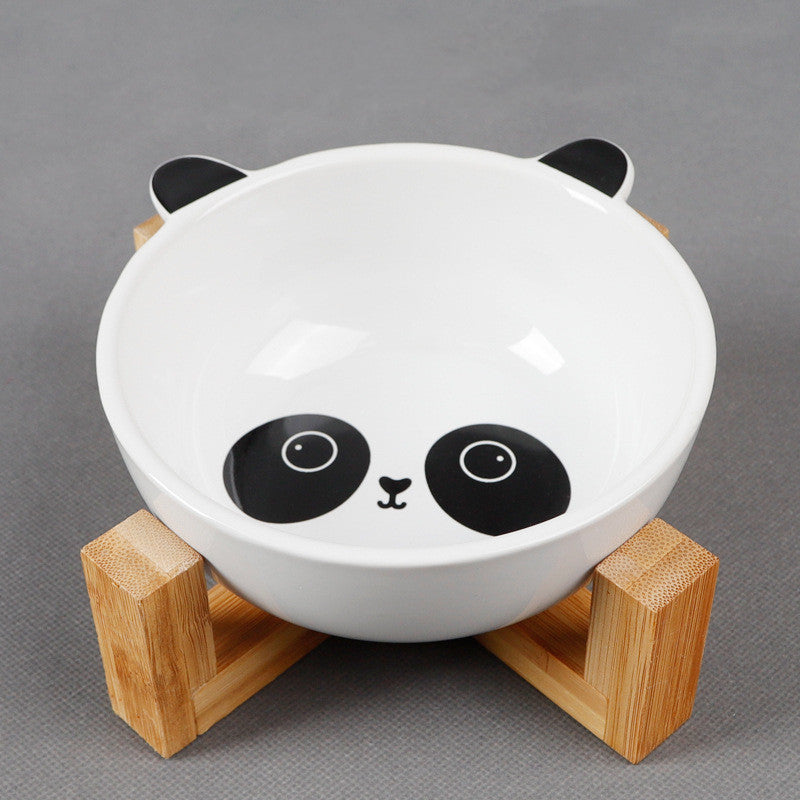 HKM-2152381 Ceramic Cat Food Bowl with Bamboo Stand - Pink Fox, Panda, and Gray Cat Designs