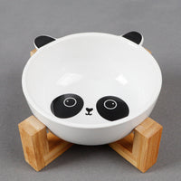 HKM-2152381 Ceramic Cat Food Bowl with Bamboo Stand - Pink Fox, Panda, and Gray Cat Designs